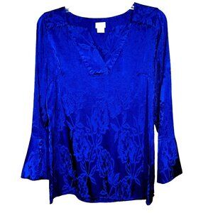 Chico’s Royal Blue Satin Jacquard Blouse Sz 1  Bell Sleeve Quiet Luxury Top